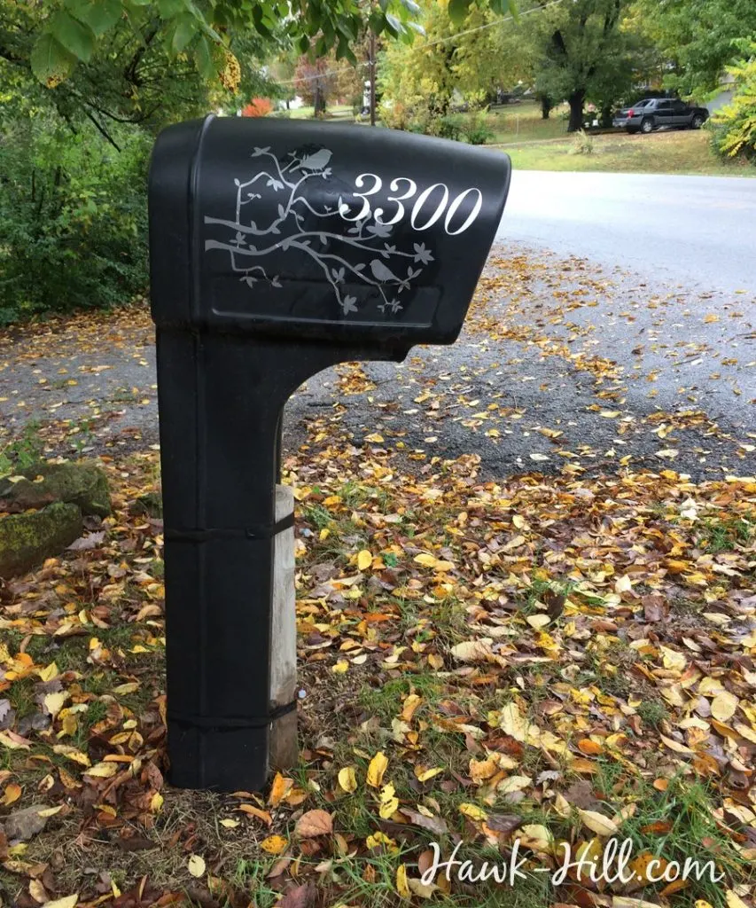 plastic mailbox with elegant cursive vinyl house numbers