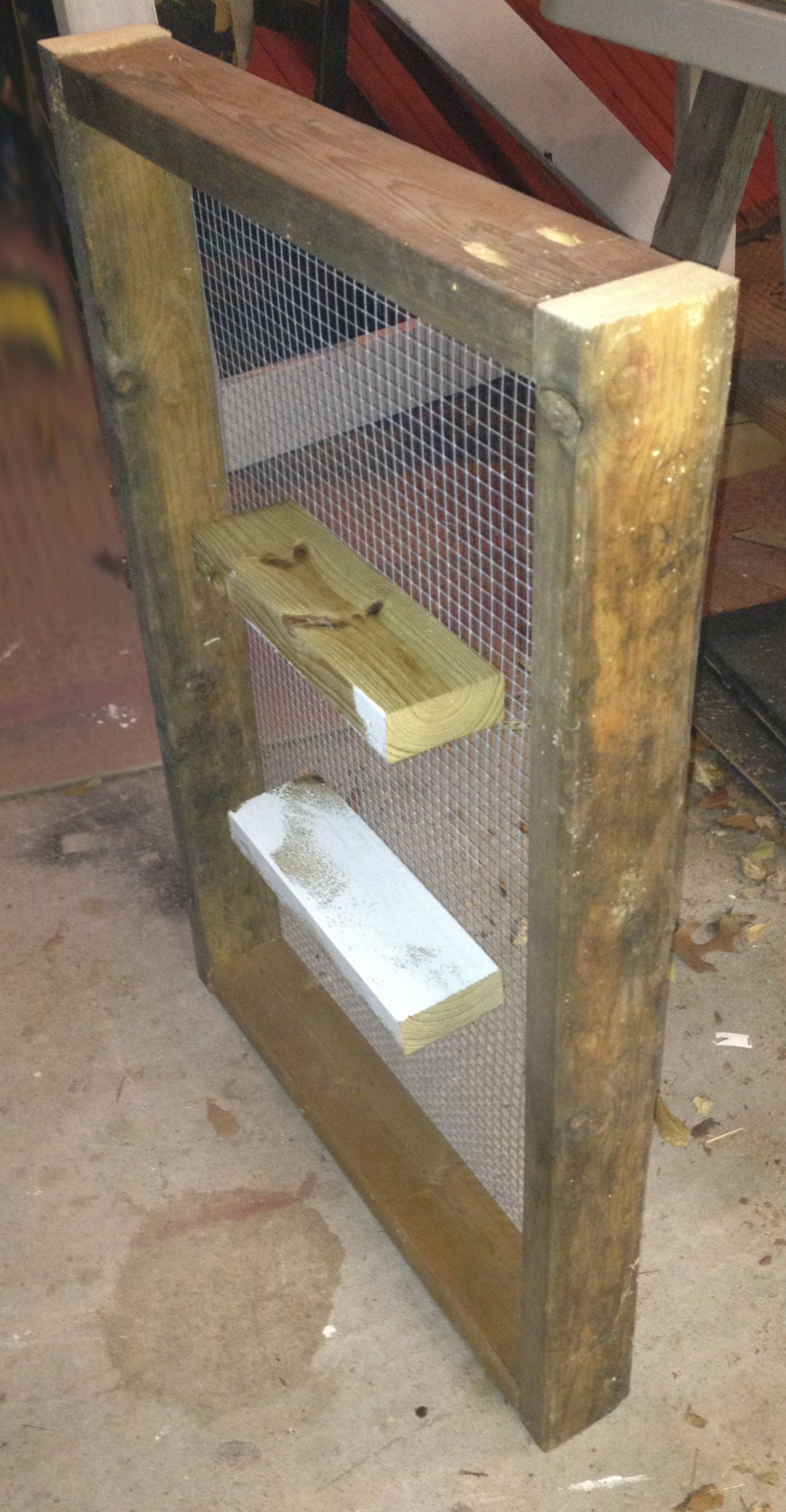 Wood frame with hardware cloth for growing greens in a coop