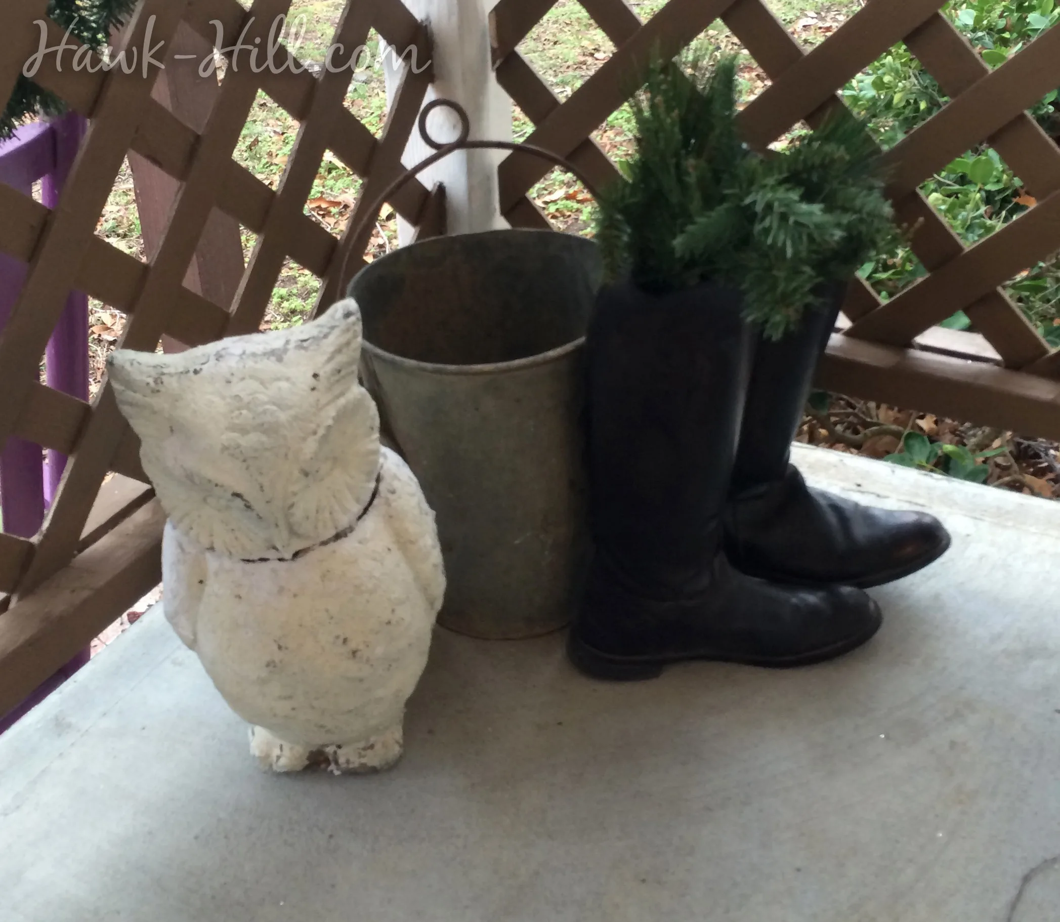 owl, bucket, riding boots on porch