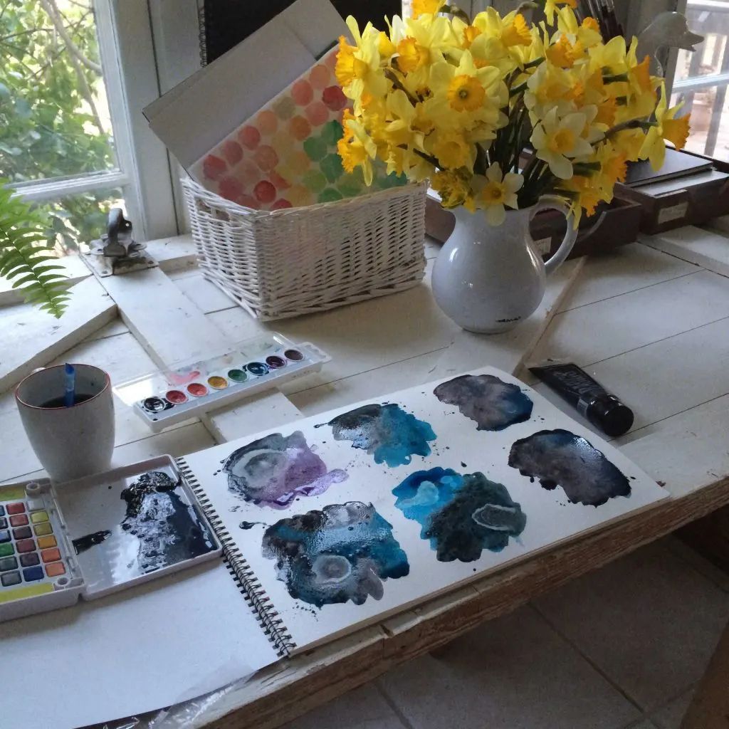 A Cheerful vase of King Alfred type daffodils in my studio while I watercolor
