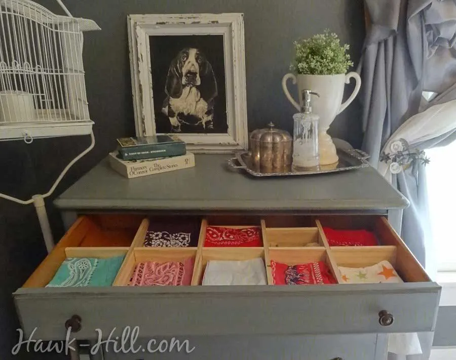 Vintage dresser Grey Bedroom with handkerchief drawer: Hawk-Hill.com