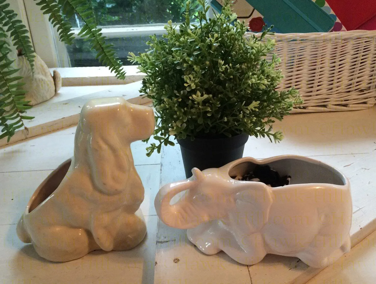 small spaniel and elephant vintage planters