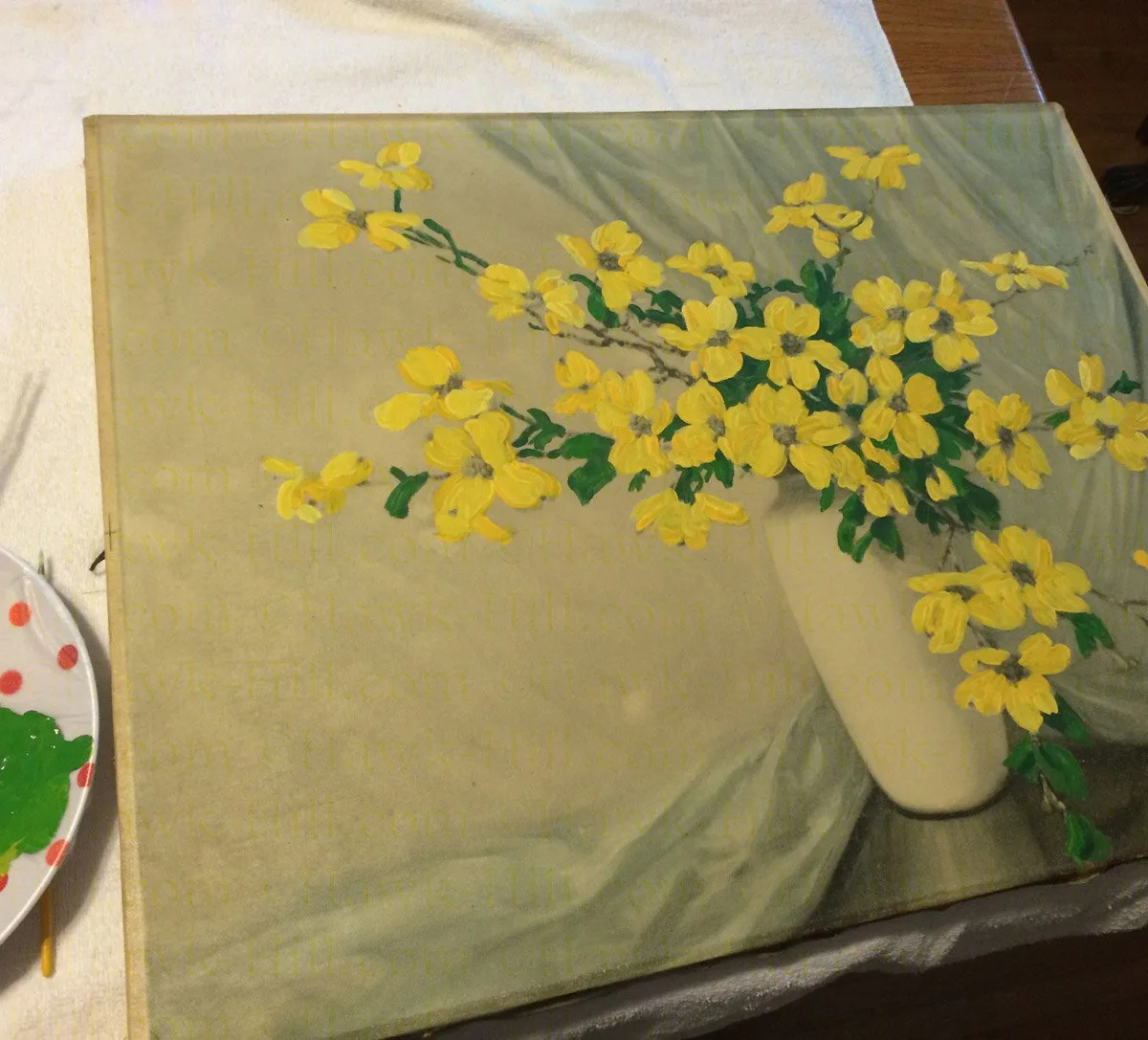 Painting over a thrift store painting to create a paint by number style painting. 