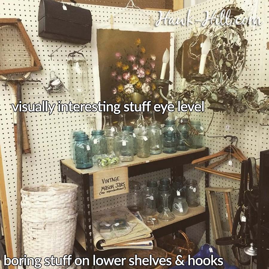 A flea market booth wall with text overlay explaining that interesting things should be placed at eye level.