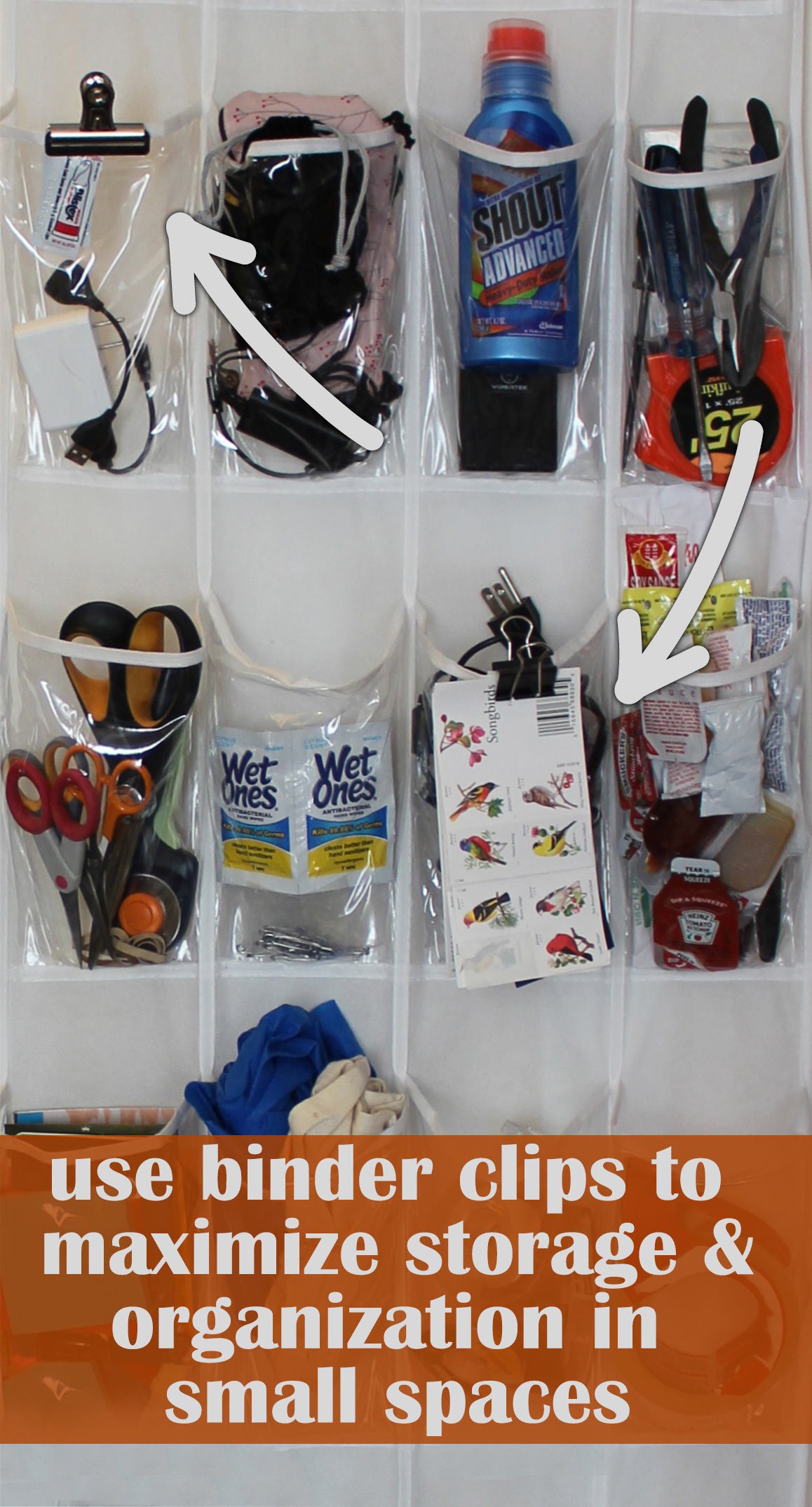use binder clips to maximize storage in shoe organizers