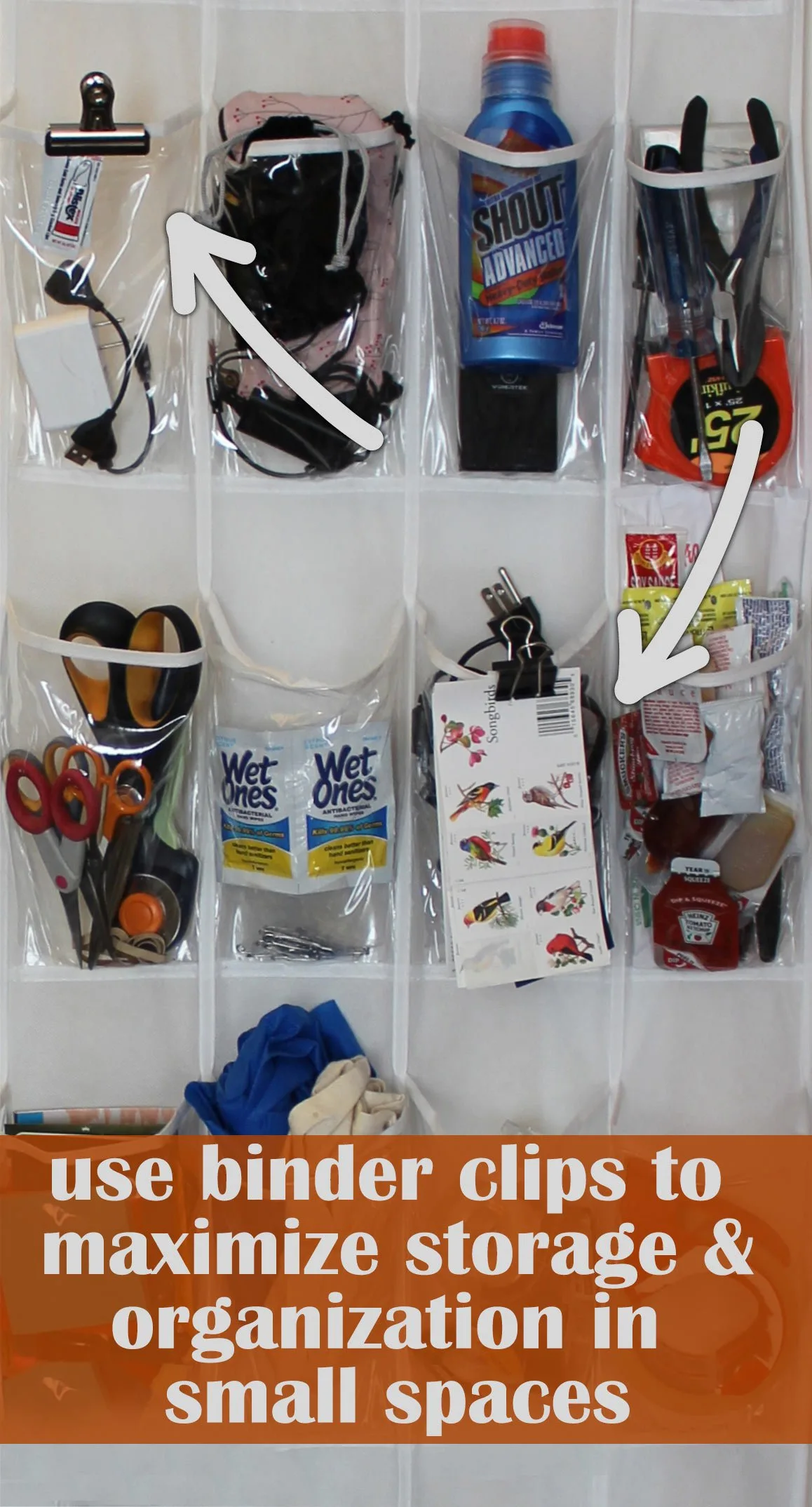 use binder clips to maximize storage in shoe organizers