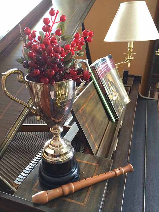 Trophy cup filled with red berries for christmas