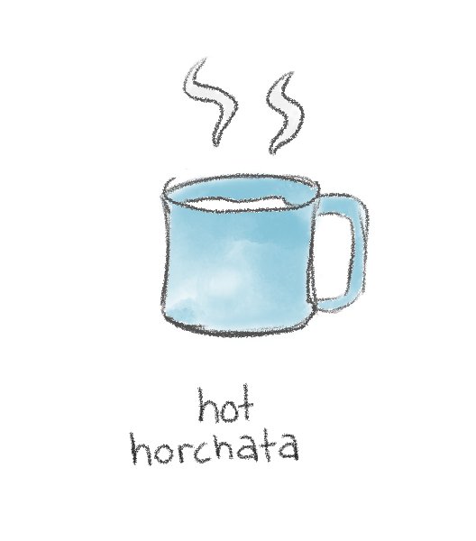 A hand drawn illustration of horchata served in a hot in a coffee cup with warm steam drifting up.