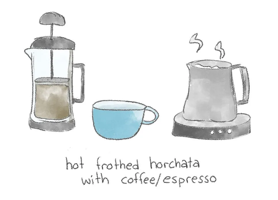 A hand drawn illustration of a horchata latte being prepared.