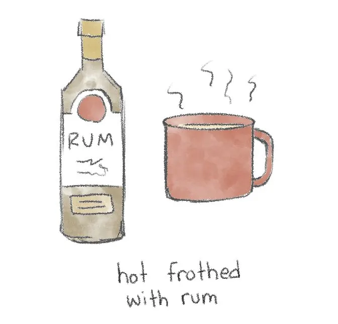 Image of a warm mug of hot horchata and a bottle of spirits.