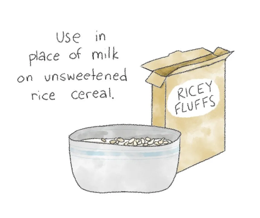 A hand drawn illustration of horchata being used in place of milk on breakfast cereal.