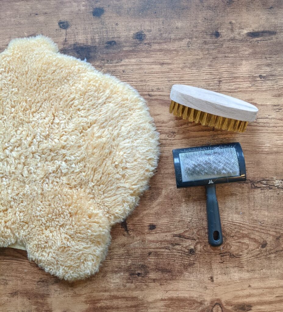 Combing a shepskin rug to clean, soften, and restore the soft fluffy pile