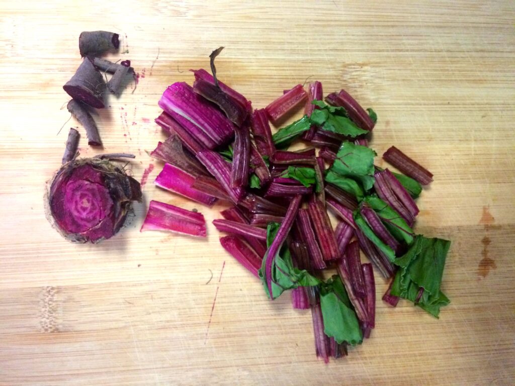 Bright purple beets cut and ready to be made into fabric dye.
