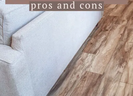 Header image featuring text stating Brentwood pine pergo laminate flooring pros and cons, plus an image of the flooring in a home.