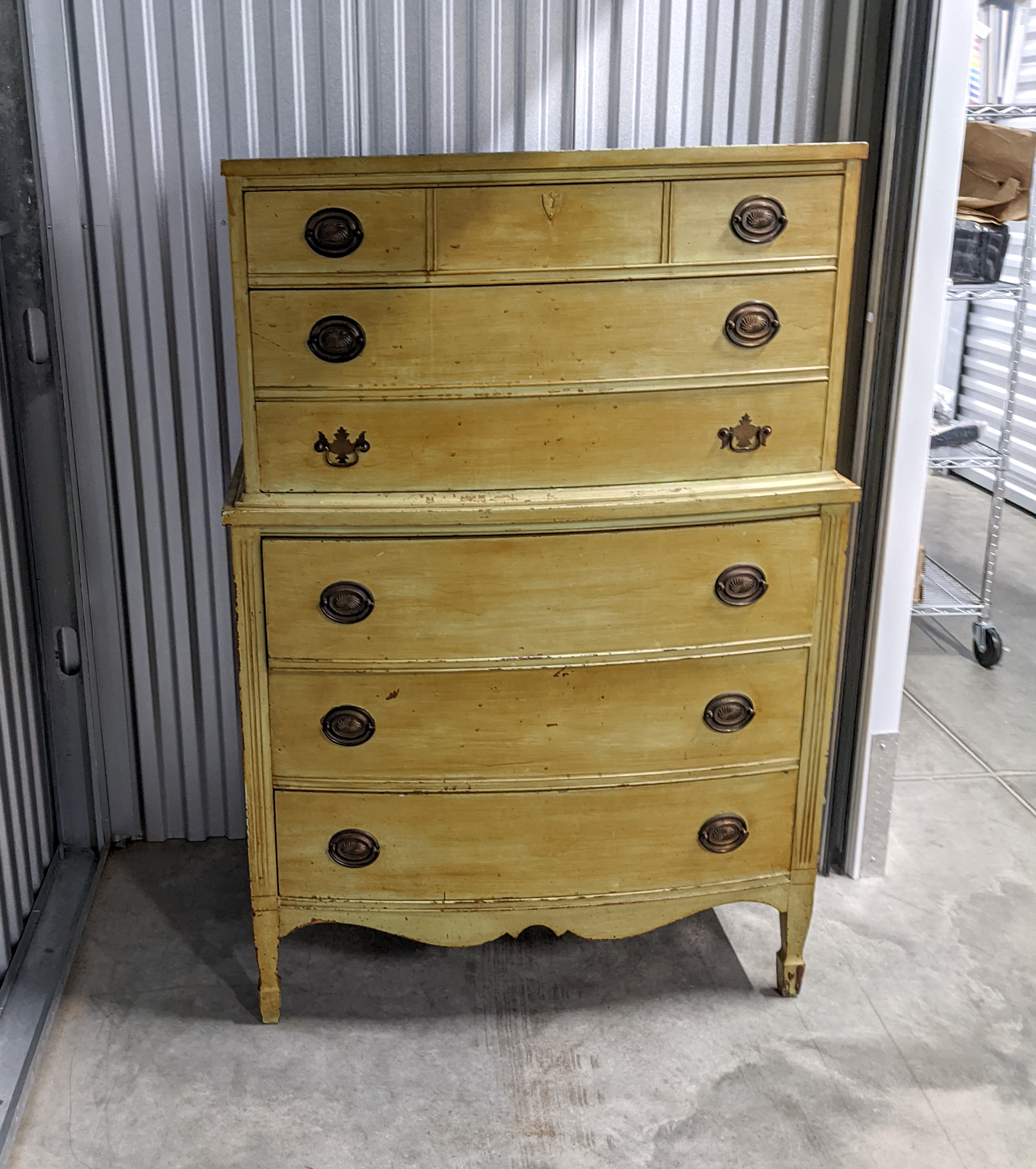 This yellow dresser in a storage unit smelled heavily of smoke odors.
