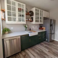 A small galley kitchen featuring open shelving, glass front cabinets, and green base cabinets.