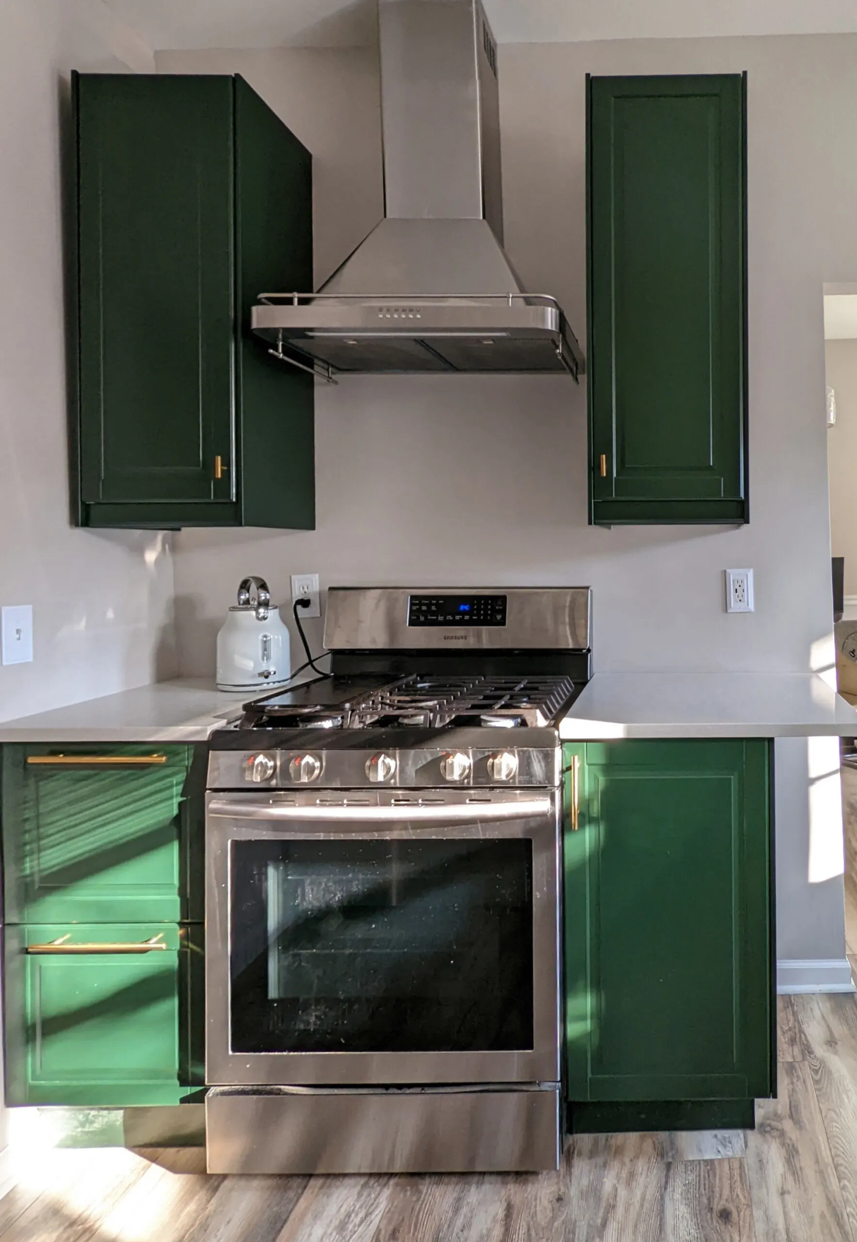 Of forest green cabinets with stainless steel range and hood.