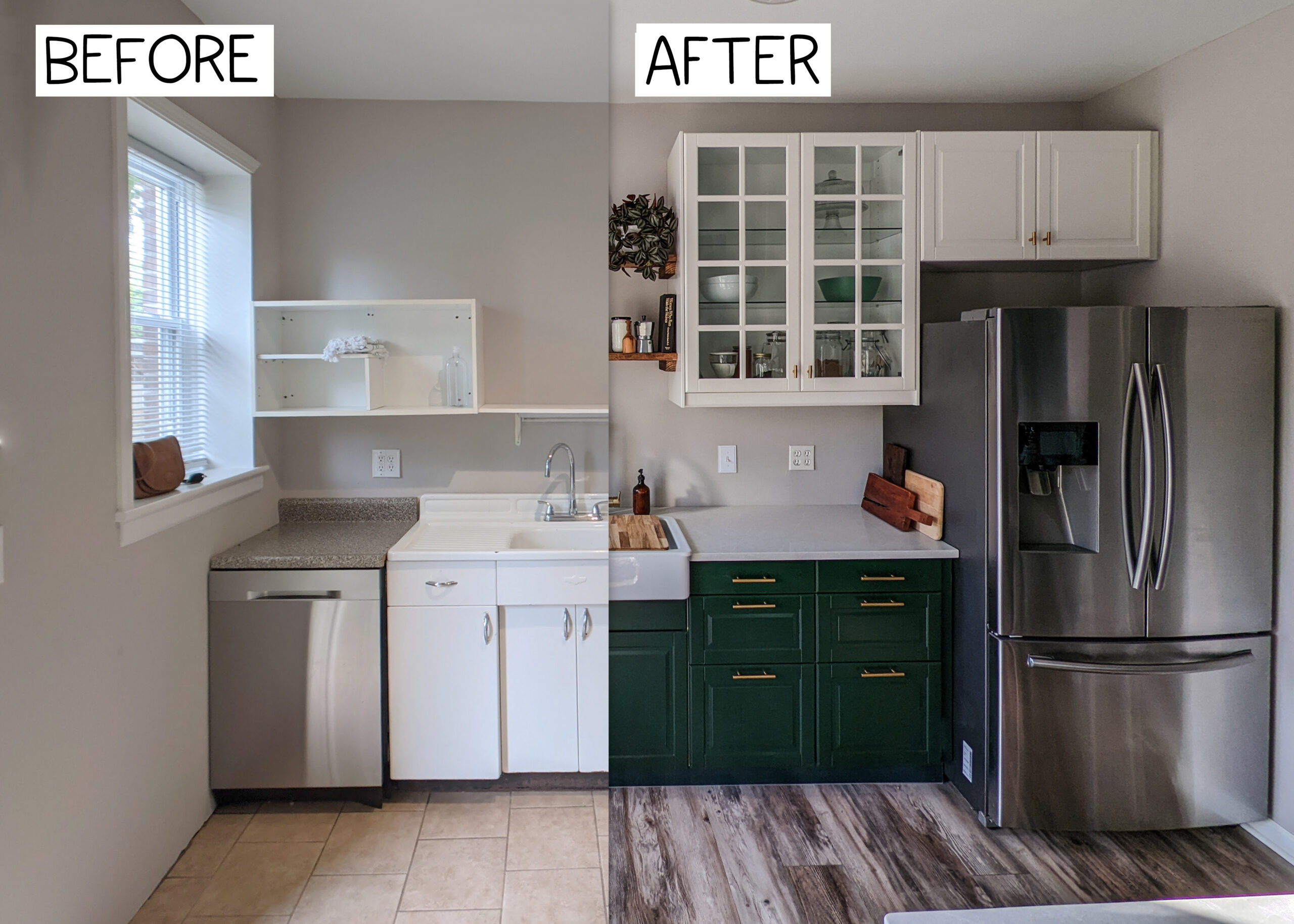 Before and after in my small house galley kitchen remodel.