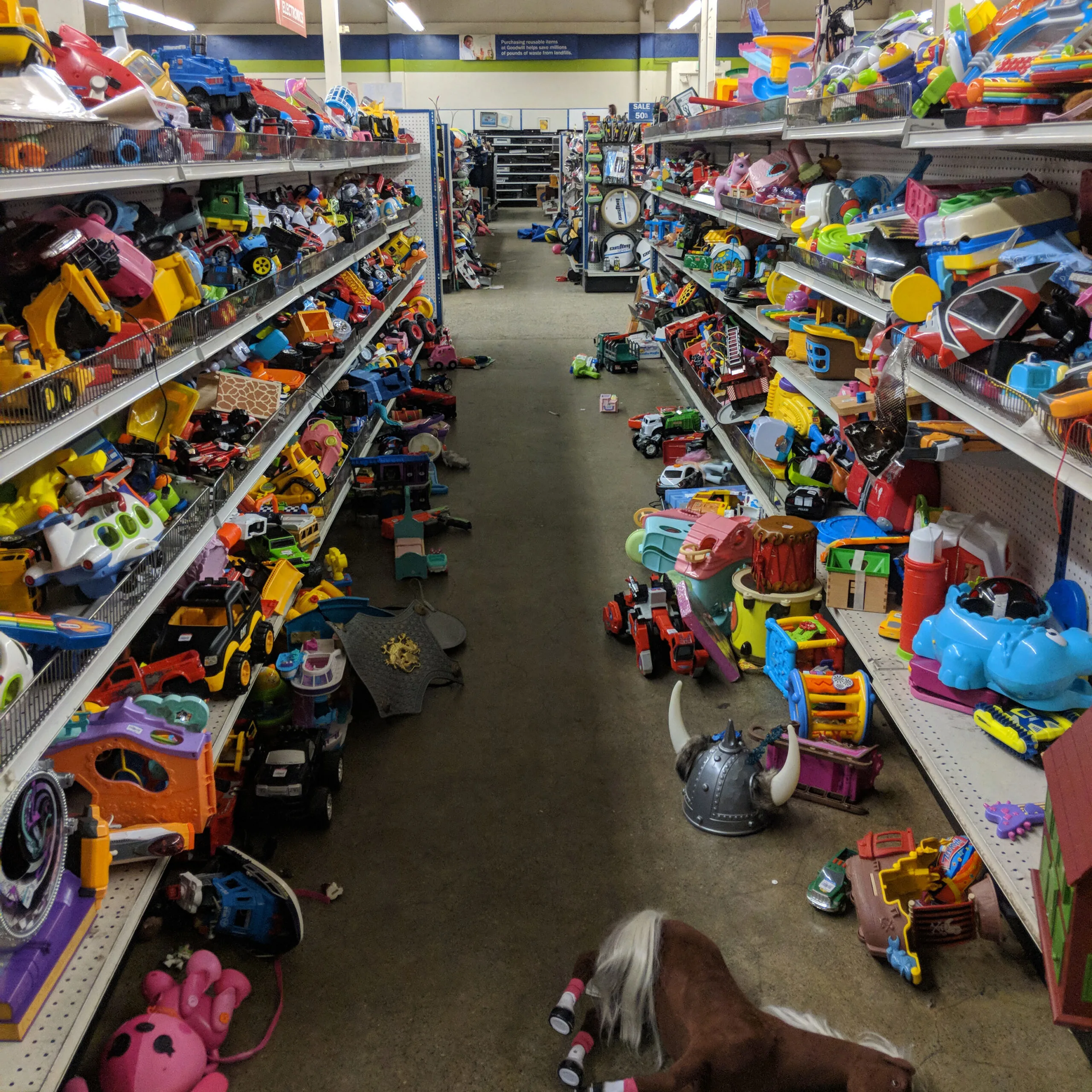 The toy aisle at a large Seattle thrift store