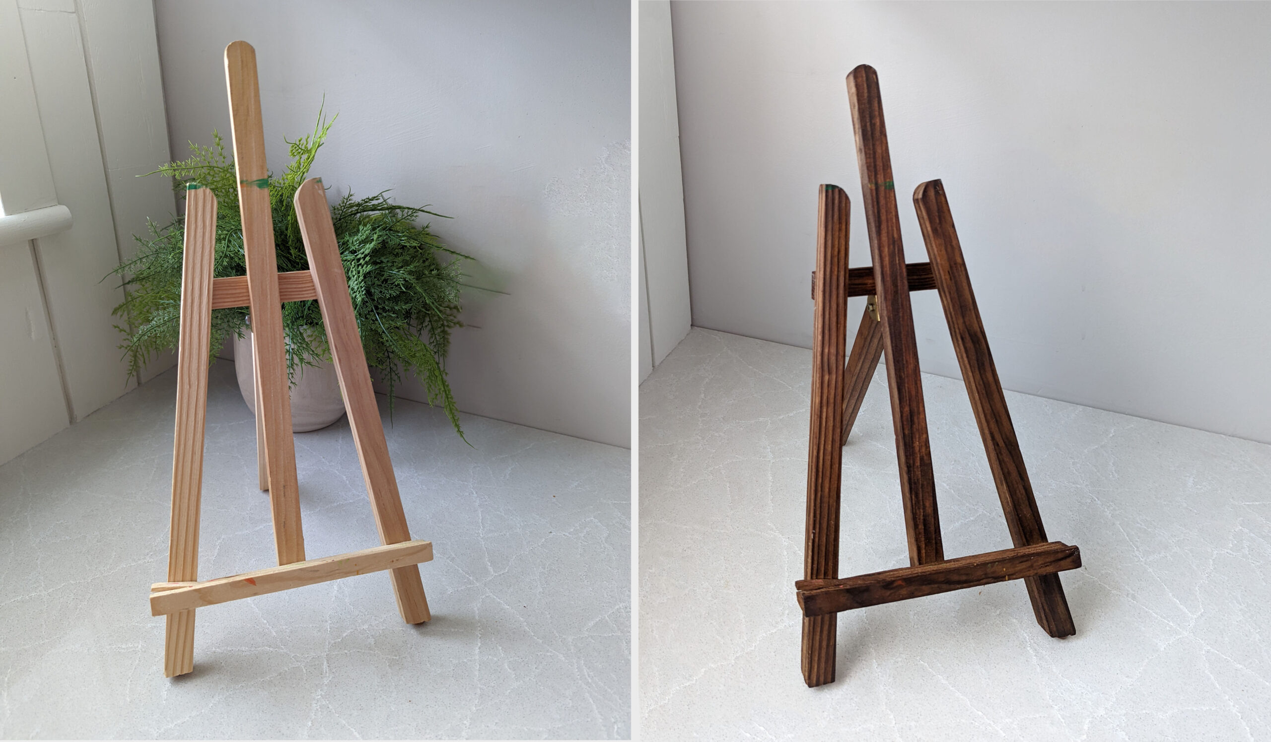 A dollar store wood easel before and after staining with vinegar based wood stain.