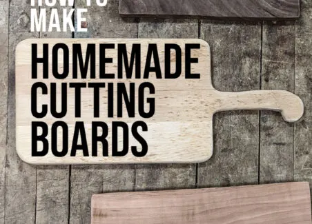 How to make homemade cutting boards text on an image of 3 cutting boards made from cherry, oak, and maple.