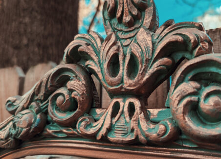 details of a frame painted with my faux copper patina painting technique.