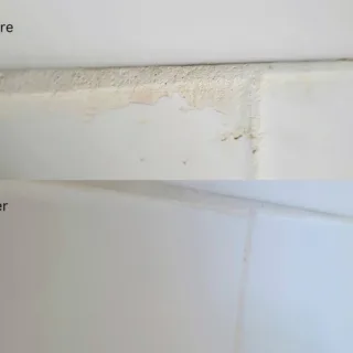 before and after using Scrub Daddy spong on grout haze